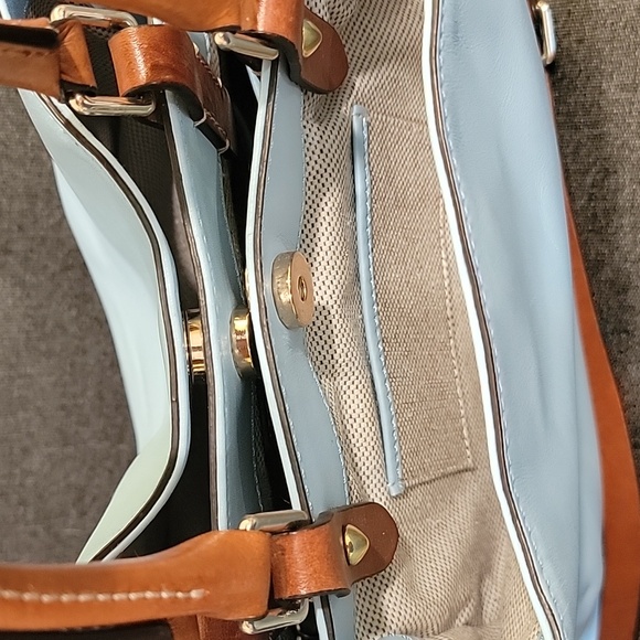 Dooney & Bourke Sky Blue LeatherTote Tan Handles - Picture 5 of 11